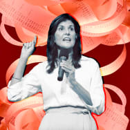 A photo illustration of Nikki Haley with calculator receipts in the background.
