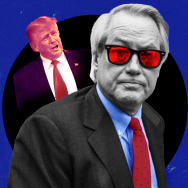A photo illustration of Lin Wood and former President Donald Trump on a blue background.