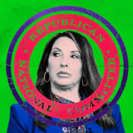 A photo illustration of Ronna McDaniel and the RNC logo.