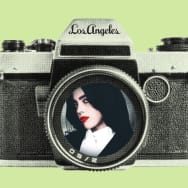 Photo illustration of Billie Eilish in the lens of an old camera