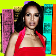 Photo illustration of Kerry Washington in front of colorful books.