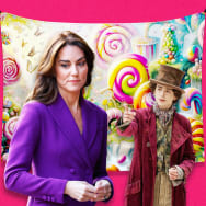 A photo illustration of Kate Middleton and Timothée Chalamet as Willy Wonka.