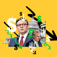 A photo illustration of Mike Johnson and Kevin McCarthy in front of the US Capitol with dollar signs and downward trending arrows
