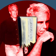 A photo illustration of Jeffrey Epstein and his black book up for auction.