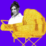 A photo illustration of Kourtney Kardashian in a golden stroller.