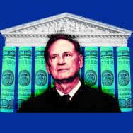 A photo illustration of Supreme Court Justice Samuel Alito with a background of the Supreme Court and dollars.