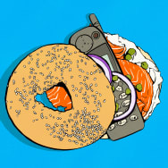 Illustration of a bagel with lox and an old cellphone