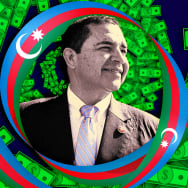 A photo illustration of Rep. Henry Cuellar, money, and the flag of Azerbaijan.