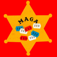 A sheriff’s badge reading “MAGA,” festooned with price tags, against a red background.