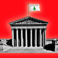 A photo illustration of the Supreme Court with an Appeal To Heaven flag.