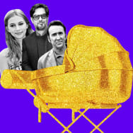 A photo illustration including Romy Mars, Roman Coppola, Nic Cage and a golden stroller