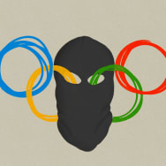 Illustration of a black terrorist hood with the olympic rings going through