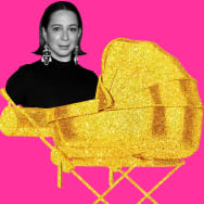 A photo illustration showing Maya Rudolph in a golden nepo-baby stroller.