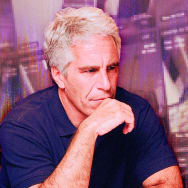 A photo illustration of Jeffrey Epstein and a distorted background of security camera feeds.