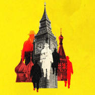 A photo illustration shows Big Ben in London surrounded by the St. Petersburg palace and the silhouette of spies