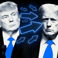Photo illustration of Donald Trump in 2016 and 2024 with a blue tie on a black background with blue arrows on top