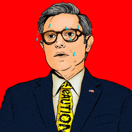 Illustration of a flop-sweating Mike Johnson with caution tape as a tie