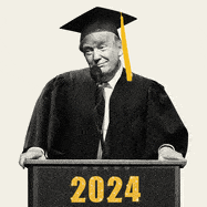 Illustrative gif of Donald Trump at a podium speaker wearing graduation robes with his head moving