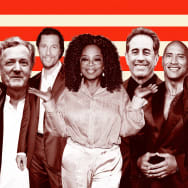 An illustration including photos of Nikki Glaser, Piers Morgan, Matthew McConoughy, Oprah, Jerry Seinfeld, Dwayne Johnson, Mark Cuban