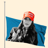 An illustration including a photo of the Kristi Noem wearing a MAGA cap in front of South Dakota flag