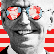 Photo illustration of Joe Biden wearing sunglasses with pictures of Mike Johnson in the lenses on a red and white stripe background.