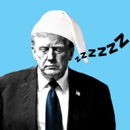 A photo illustration of Donald Trump wearing a nightcap and snoring