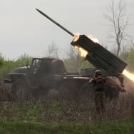 Ukrainian gunners fire rockets.