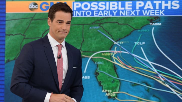 Rob Marciano reports on weather during Good Morning America broadcast.