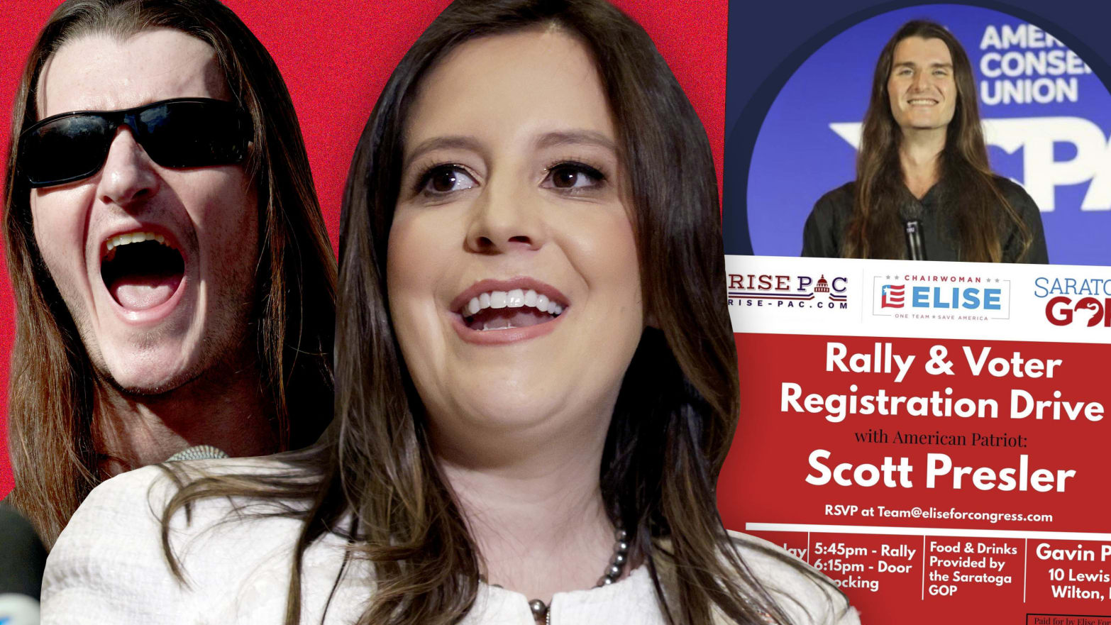 Illustration showing Elise Stefanik and right-wing conspiracy theorist
