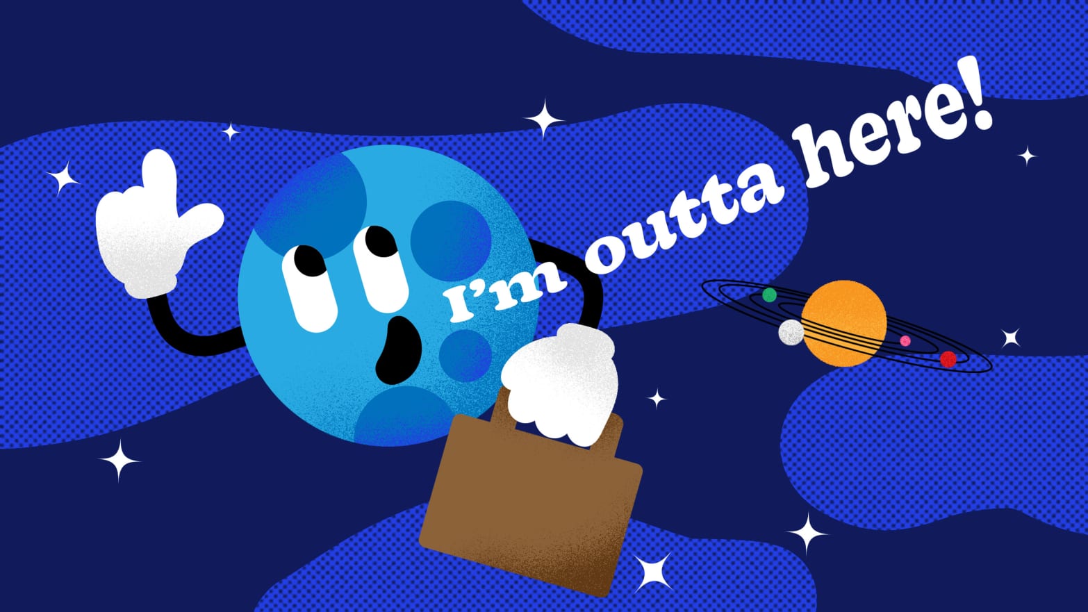 Illustration of the moon saying "i'm outta here"