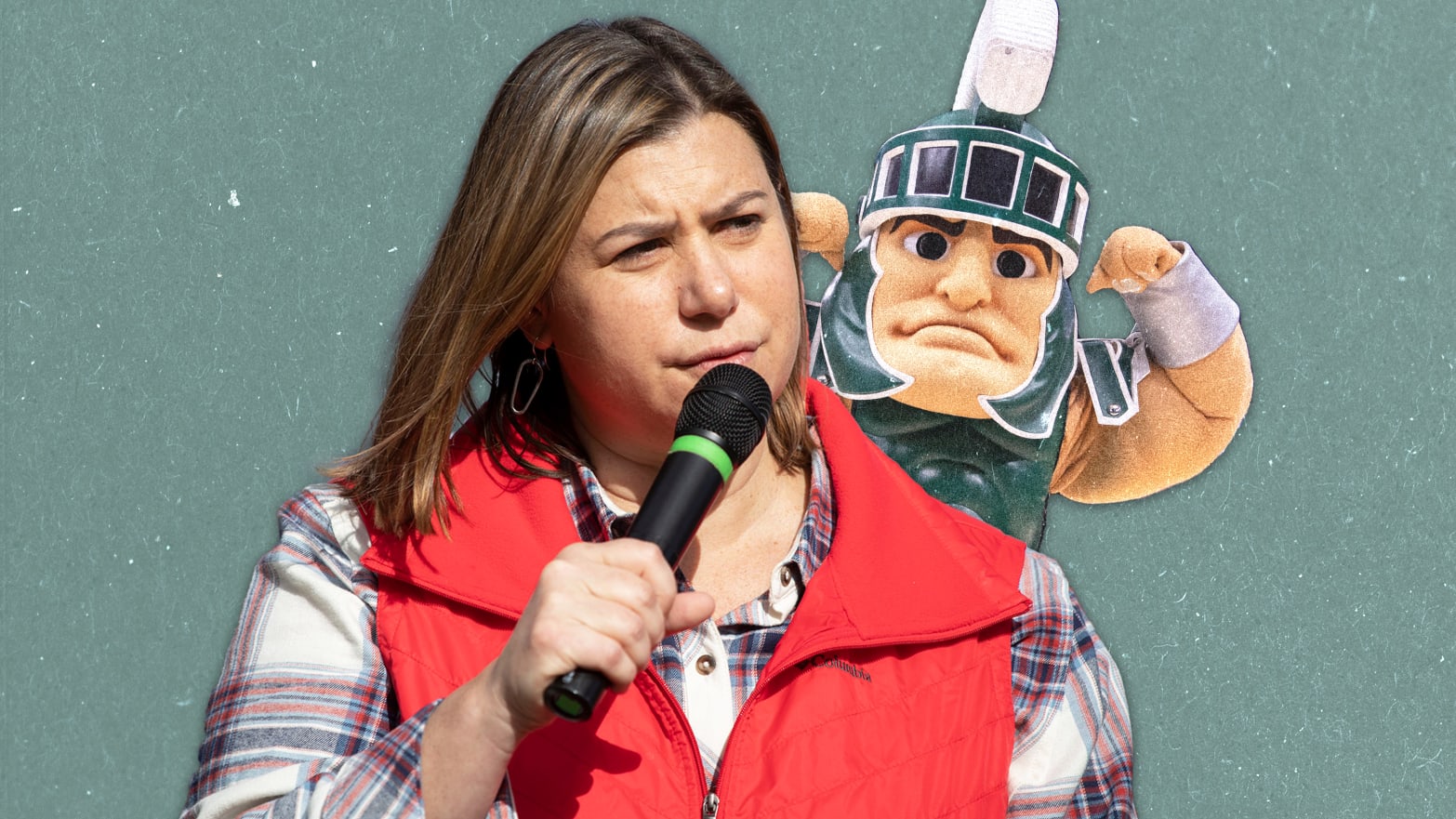 Illustration featuring Elissa Slotkin with a Michigan State University mascot over her shoulder.