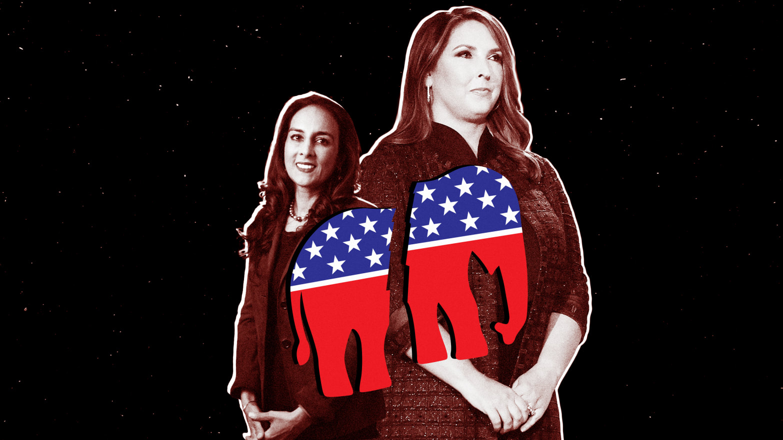 Illustration featuring Ronna McDaniel and her challenger Harmeet Dhillon