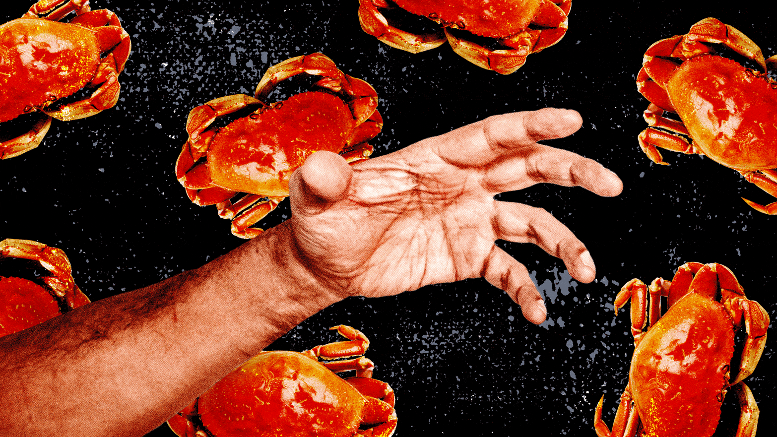 An outstretched hand surrounded by crabs