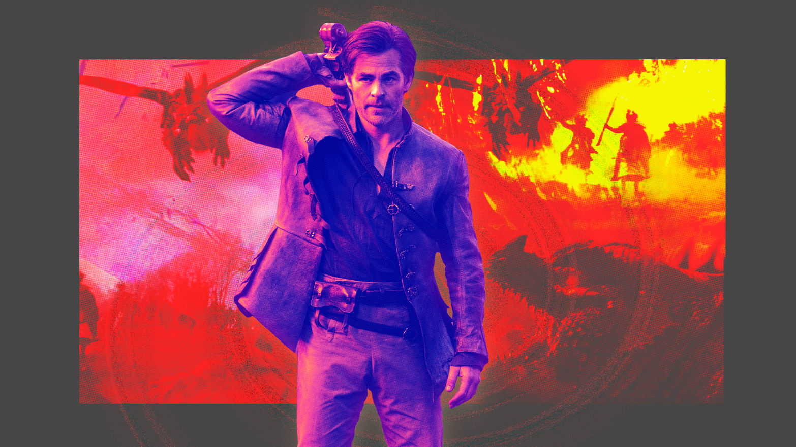 Illustration of Chris Pine in the forefront, scene from Dungeons & Dragons behind.