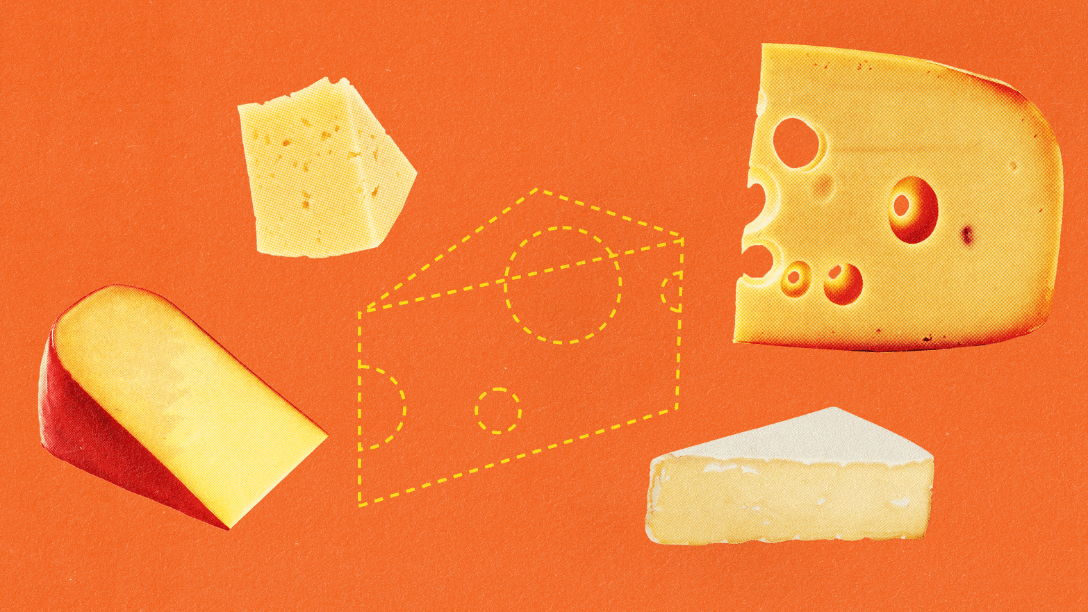 Four pieces of cheese surrounding the outline of a missing fifth piece of cheese.