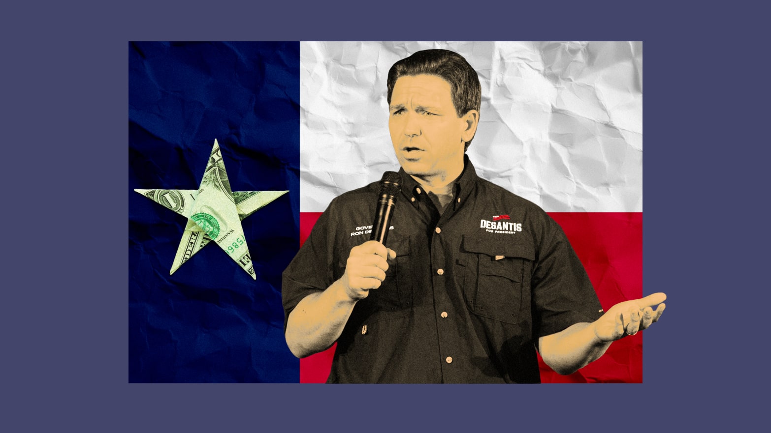 An illustration of Ron Desantis standing in front of a Texas flag.