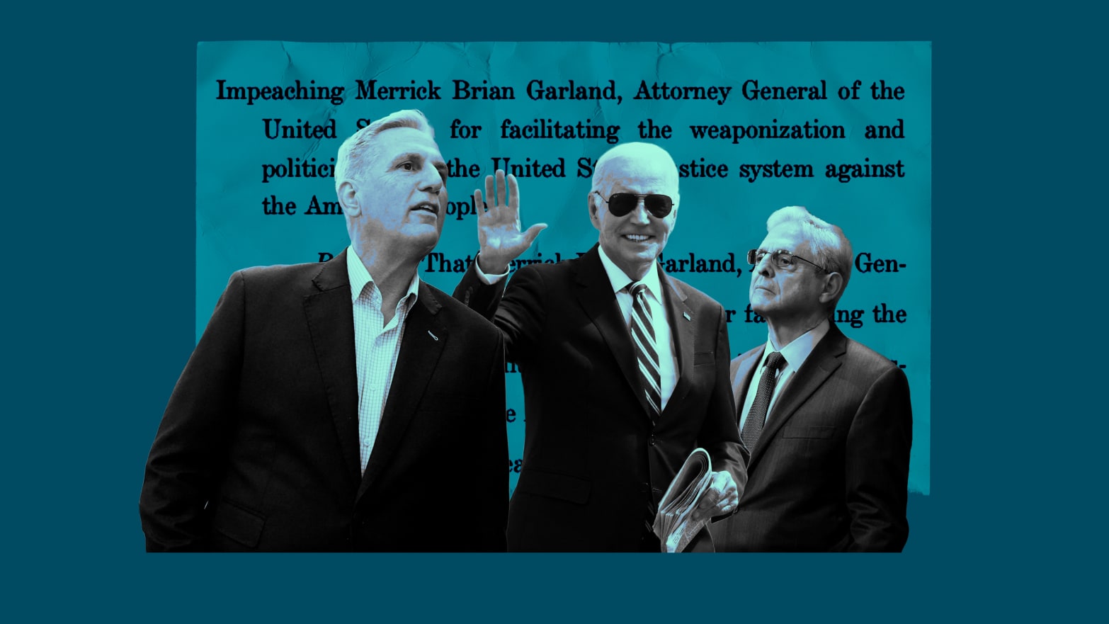 A photo illustration of Speaker Kevin McCarthy, President Joe Biden, and Attorney General Merrick Garland with impeachment text.