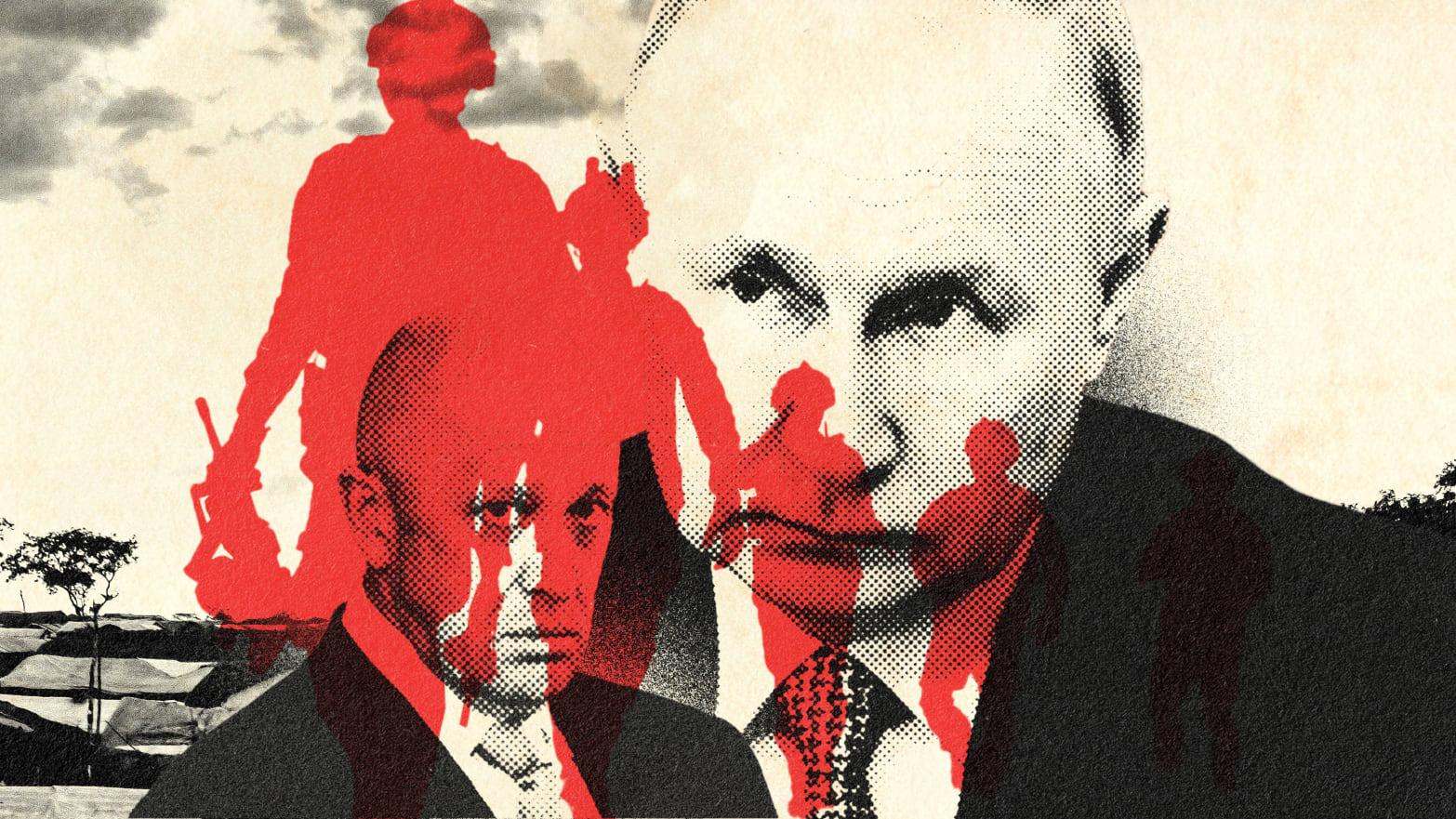 A photo illustration featuring Yevgeny Prigozhin and Vladimir Putin with the silhouette of soldiers on the foreground  