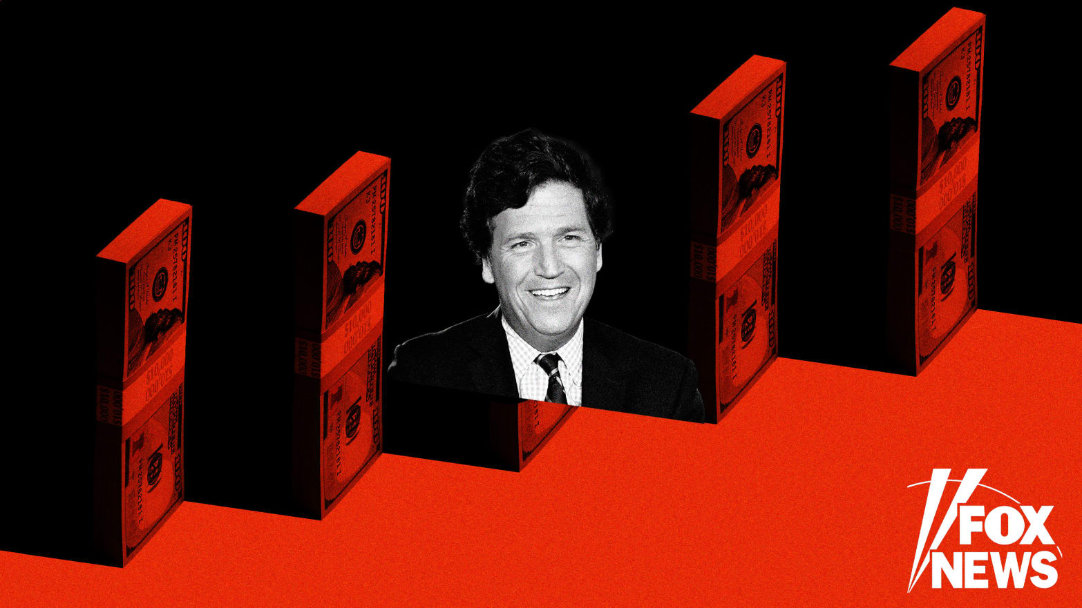 An illustration that includes images of Tucker Carlson, Money, and the Fox News logo.