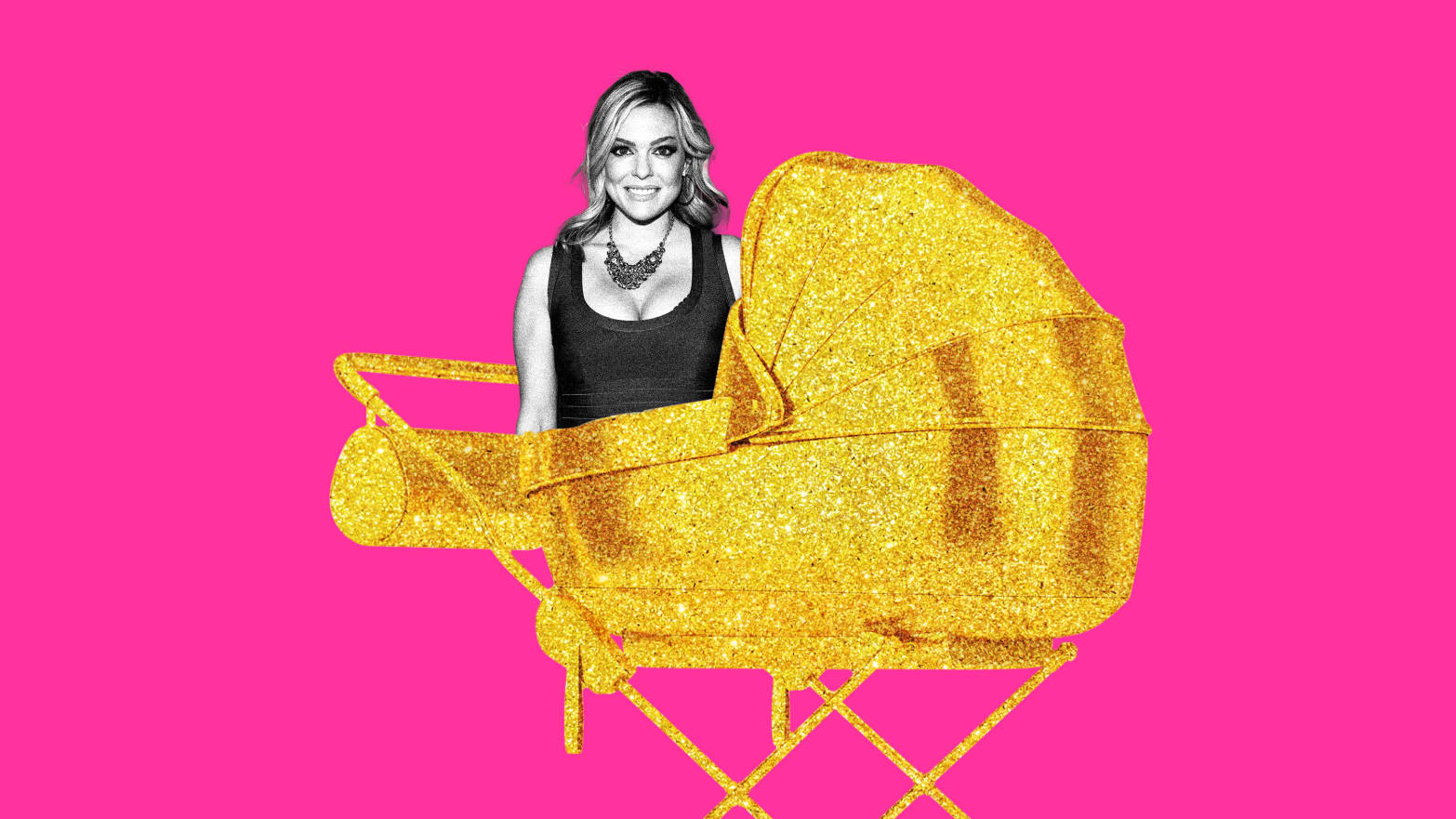 A photo illustration of Carly Reeves in a baby stroller