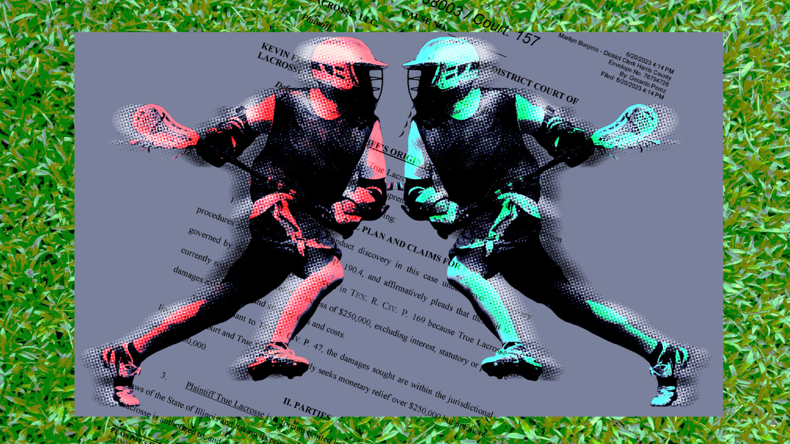 A photo illustration of two lacrosse players running at each other with court documents in the background.