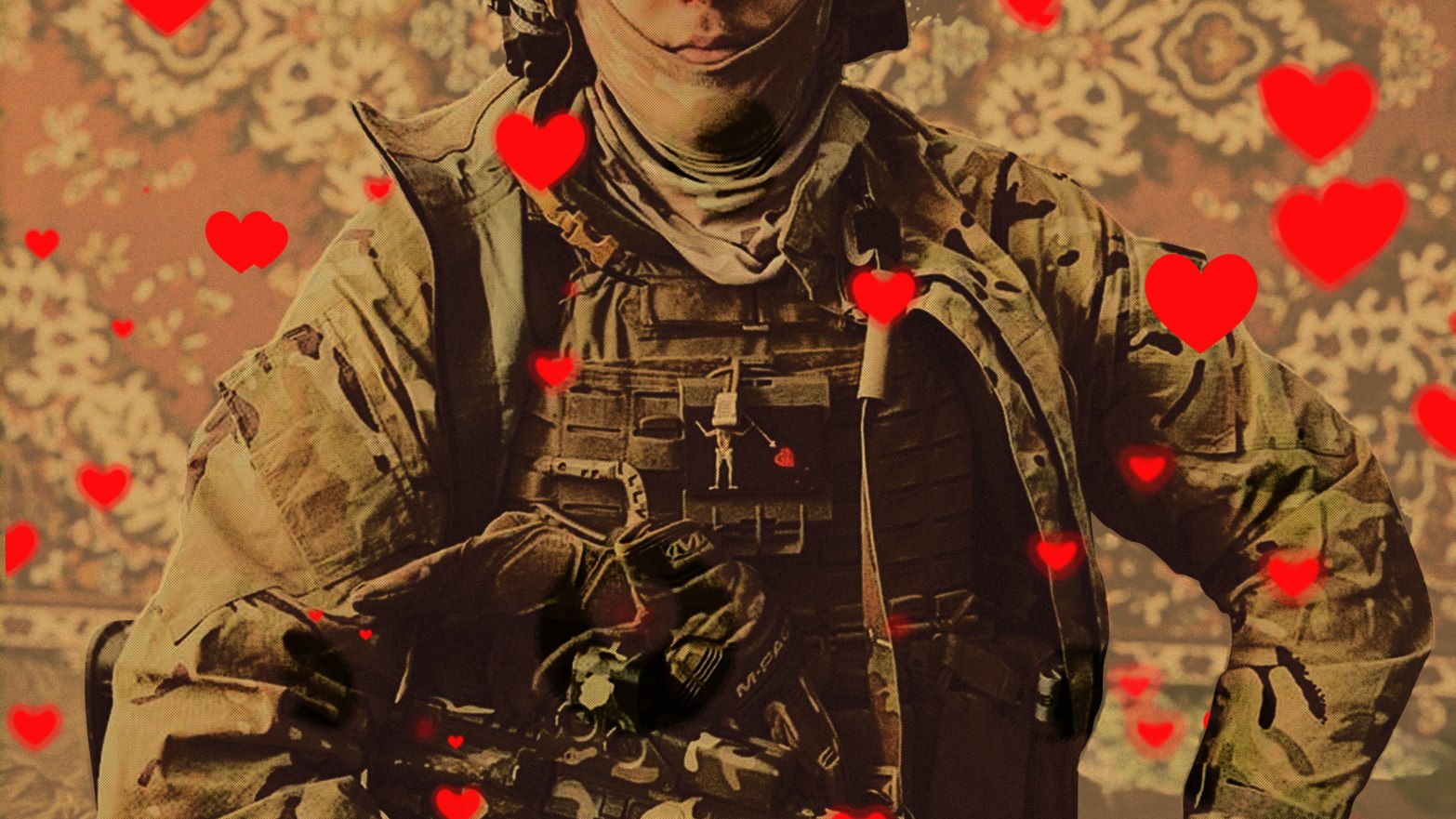 A photo illustration of a Ukrainian soldier with a badge on his chest of a heart being stabbed.