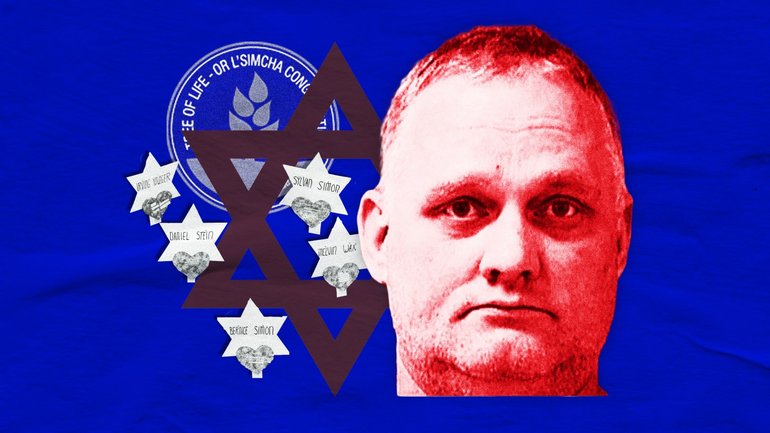 A photo composite of Tree of Life synagogue shooter Robert Bowers mugshot and Jewish Star of David and memorials for victims 