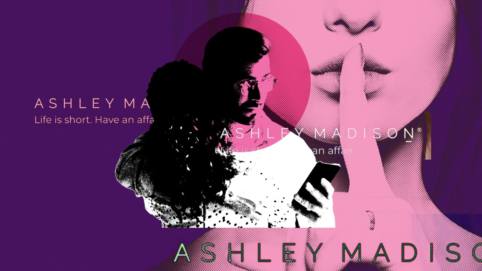 A photo illustration showing a man using his phone to cheat on his wife overlayed with the Ashley Madison logo