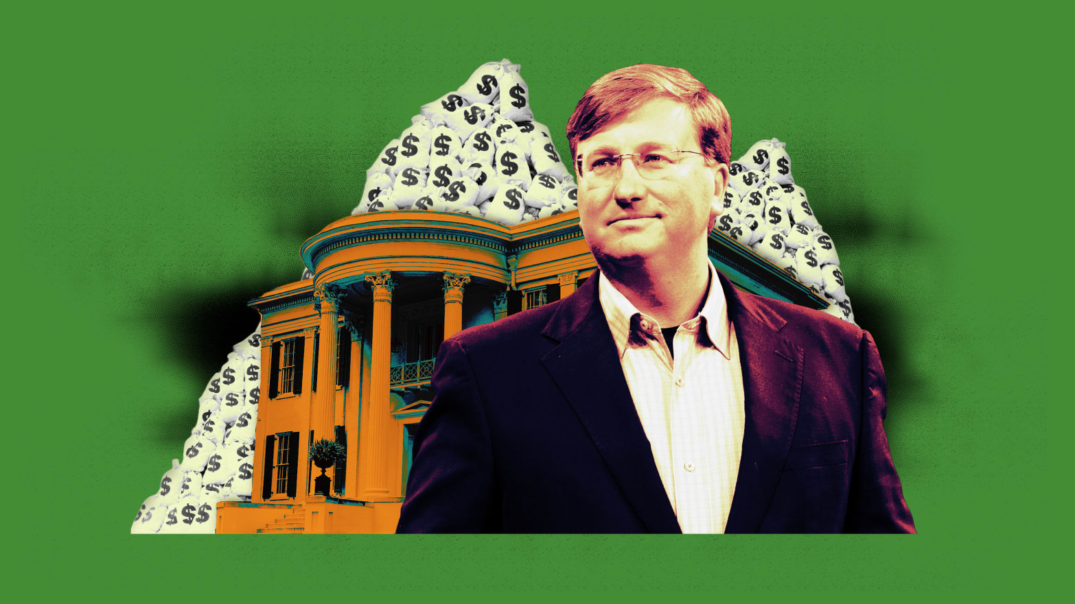 A photo composite of Mississippi governor Tate Reeves in front of the Governor’s Mansion with bags of money.