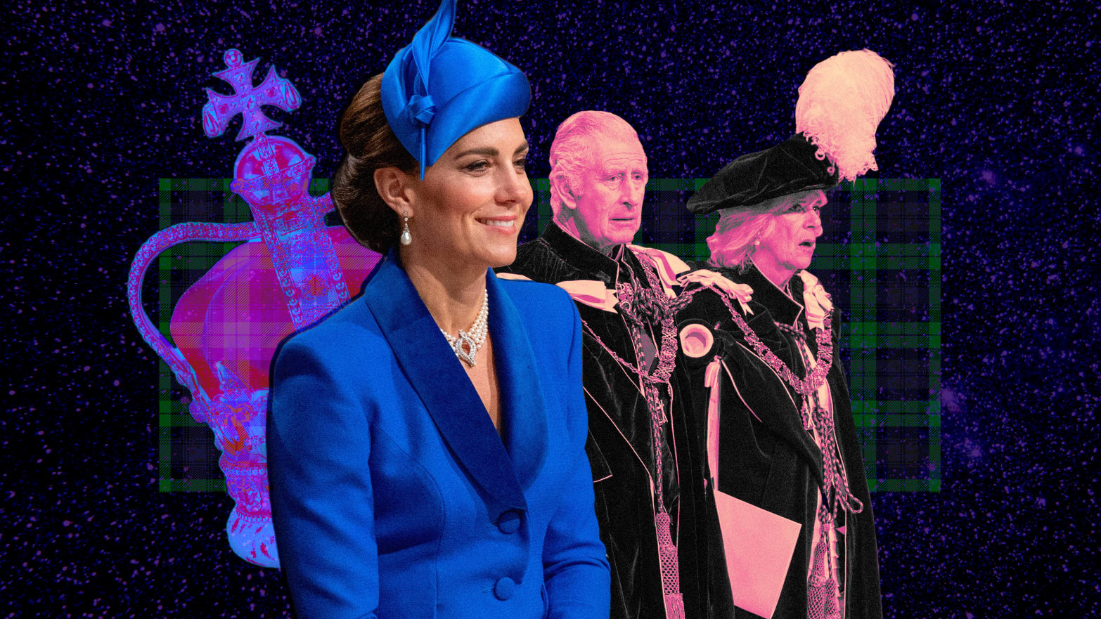 A photo composite of Kate Middleton, King Charles III and Queen Camilla at the the presentation of the Honours of Scotland.
