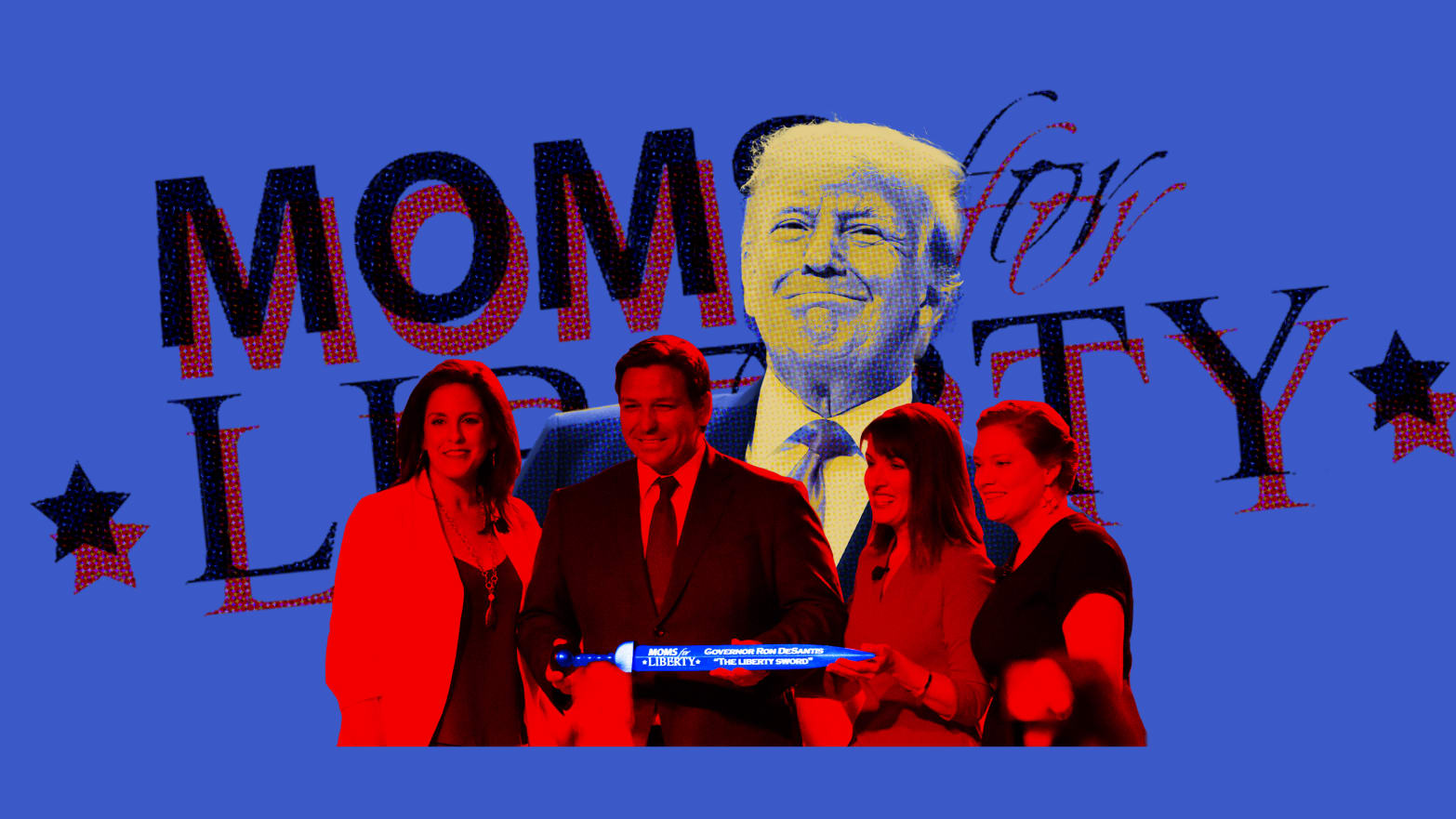 A photo illustration of Ron Desantis with the founders of Moms for Liberty presenting him a sword, with Donald Trump in the background.