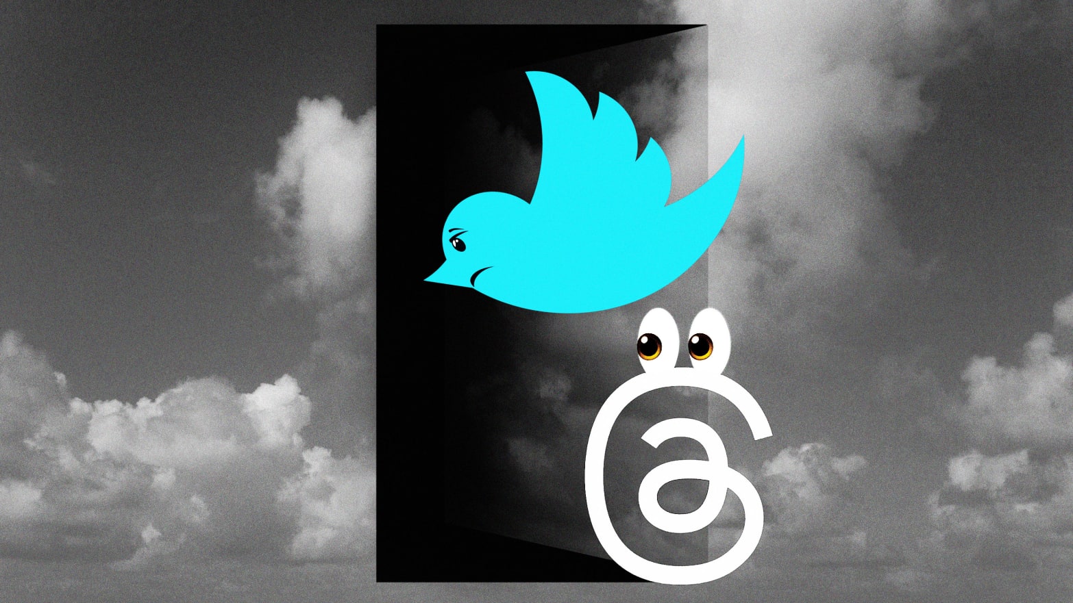An illustration including images of the sky, clouds, the Twitter and Threads logo.