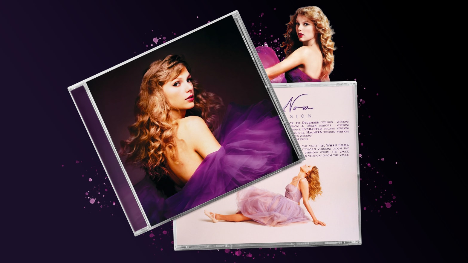 A photo composite of CD album case of Taylor Swift’s re-release of “Speak Now”