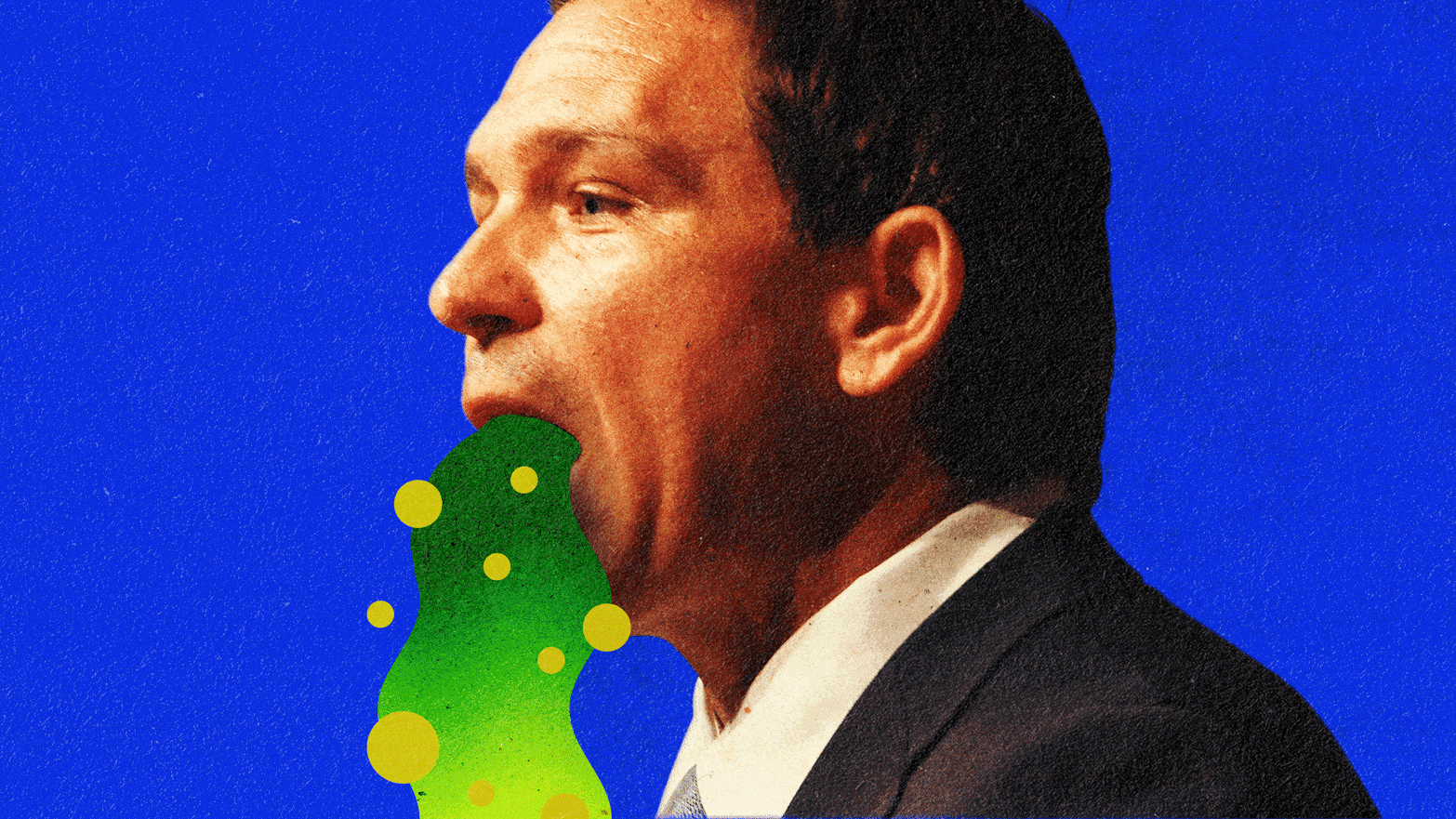 A gif of Florida Governor Ron De Santis throwing up illustrated puke